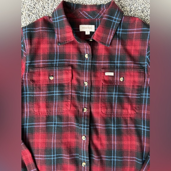 Brixton unisex button up flannel shirt in red, black and blue size small - Picture 2 of 7